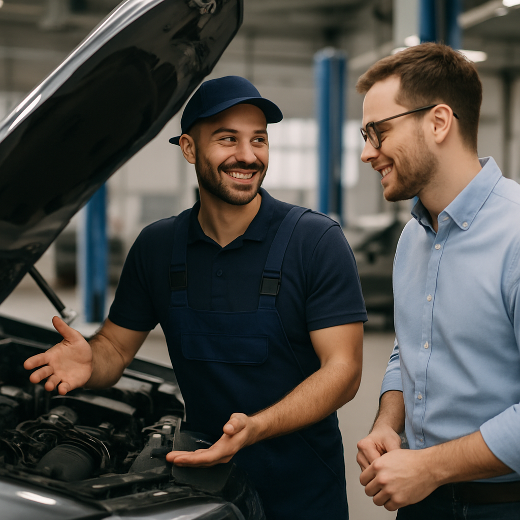 Mécanicien expliquant la réparation d'une voiture à un client