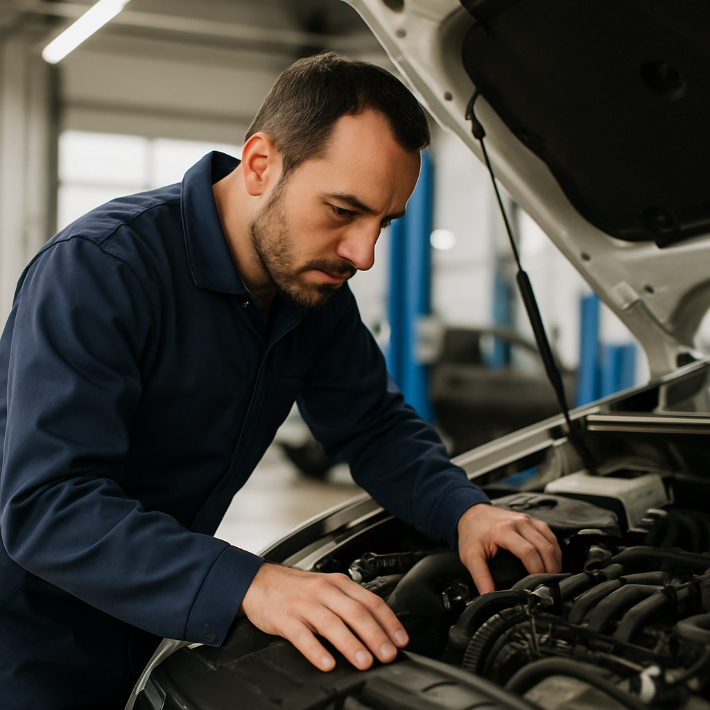 Garagiste examinant un moteur de voiture dans un garage à Mérignac