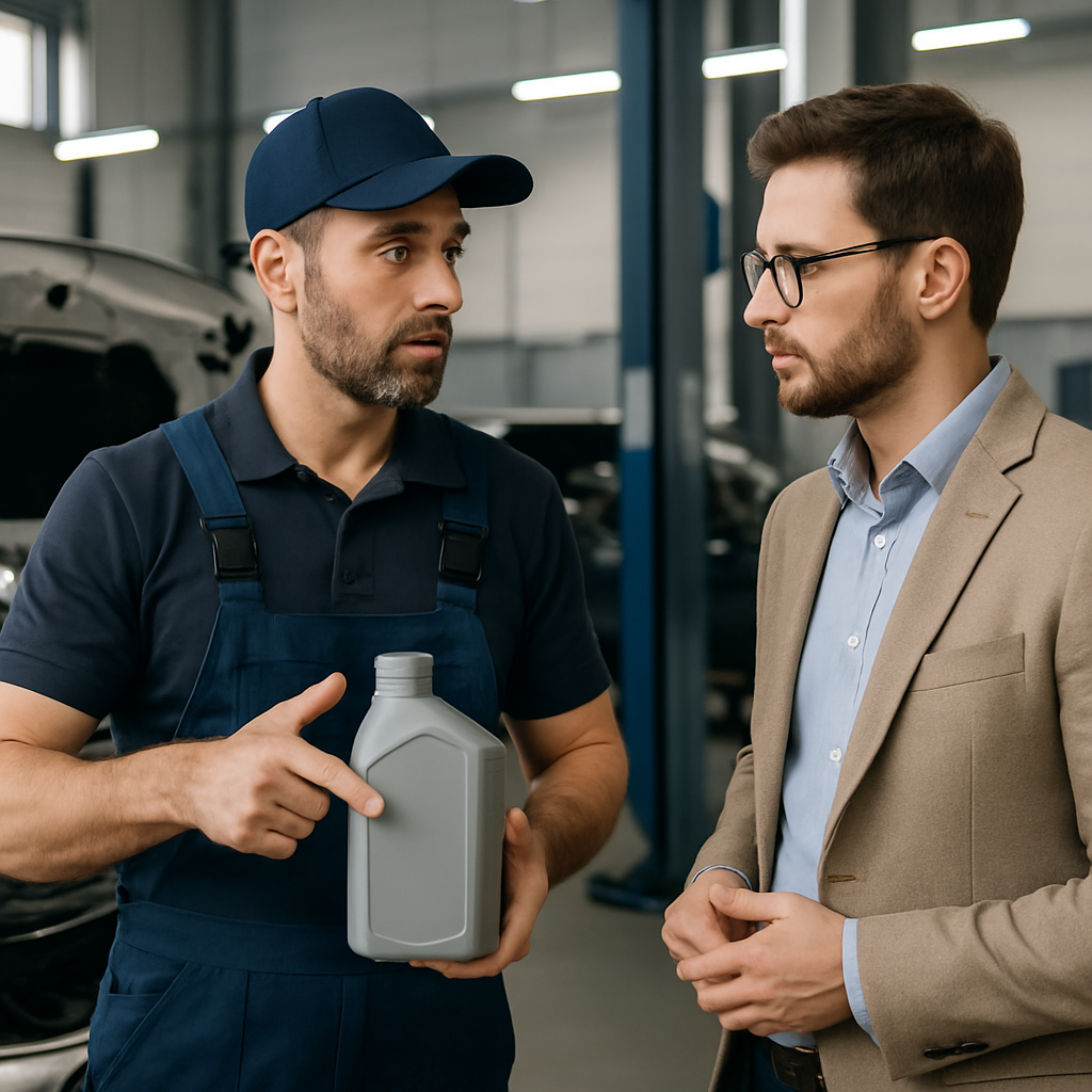 Garagiste expliquant le choix de l'huile moteur à un client
