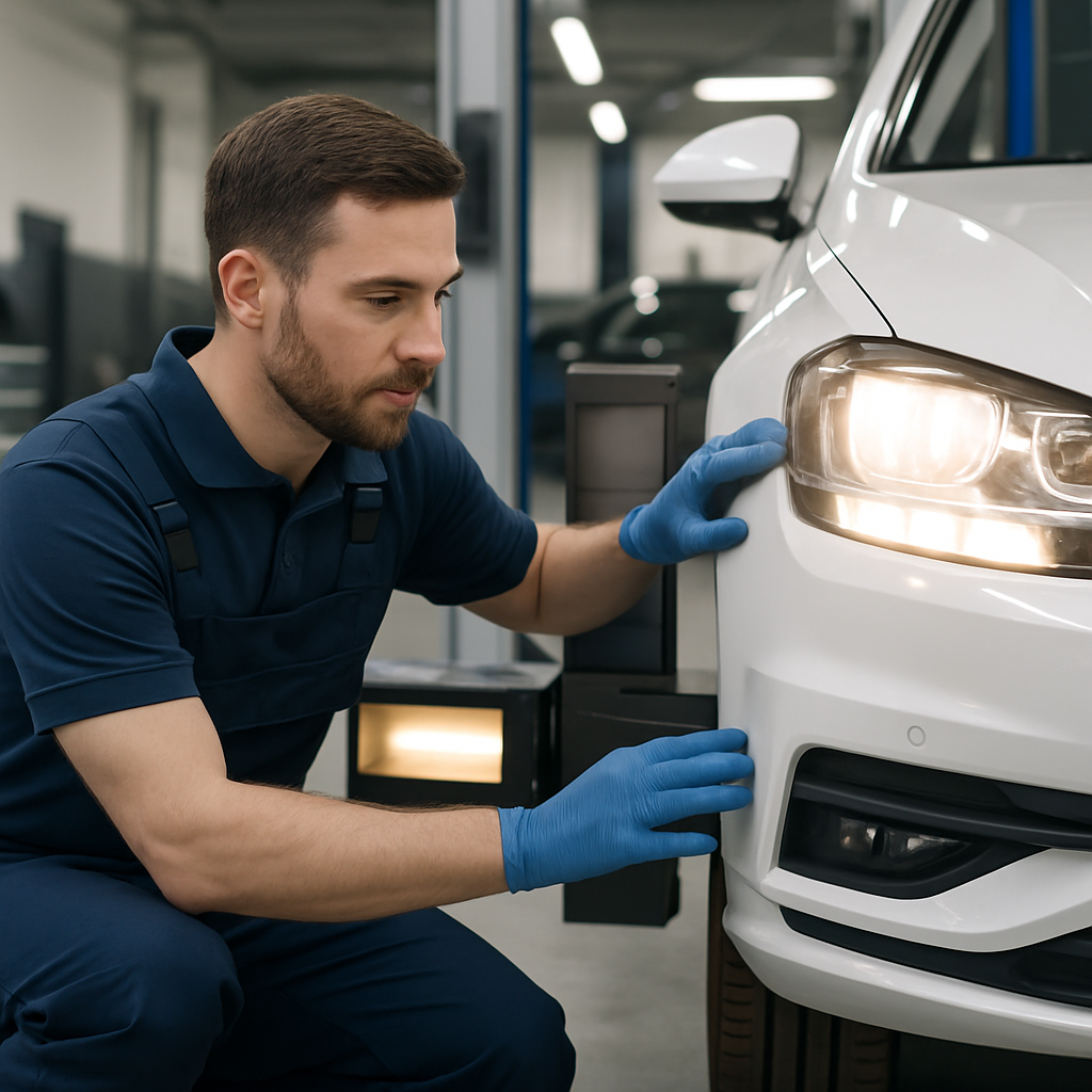 Garagiste inspectant une voiture neuve dans un garage