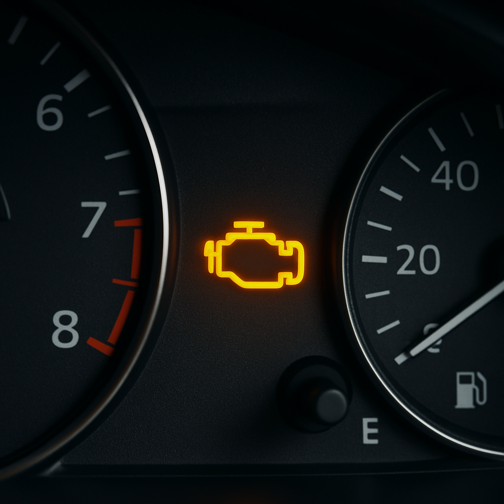 Tableau de bord d'une voiture avec un voyant moteur orange allumé