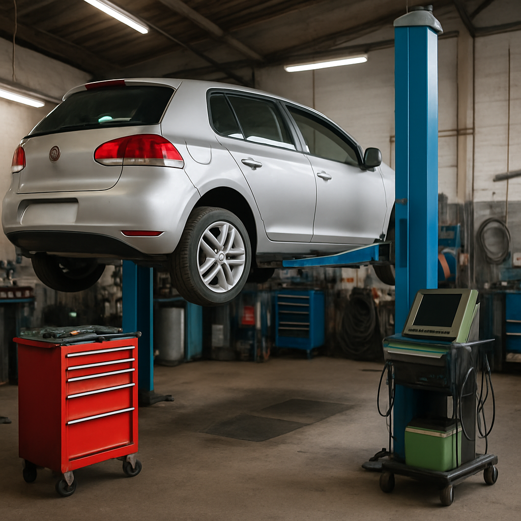 Voiture sur pont élévateur pour réparation au garage à Mérignac