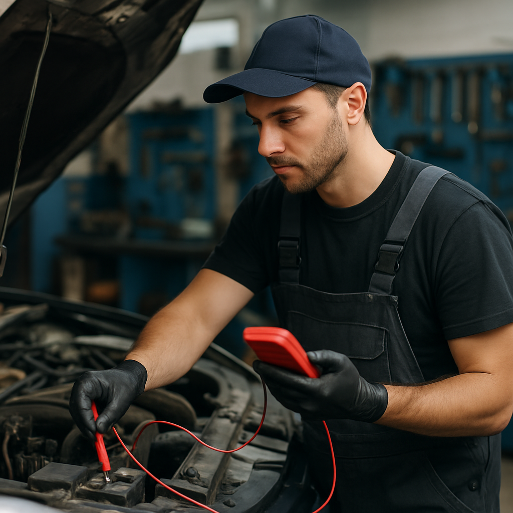 Garagiste testant une batterie de voiture avec un multimètre dans un atelier