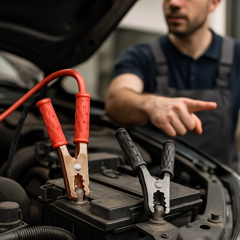 Pinces de câbles de démarrage sur les bornes de batterie