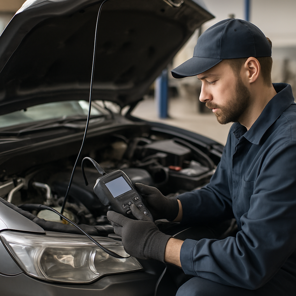Garagiste effectuant un diagnostic électronique avec un outil OBD