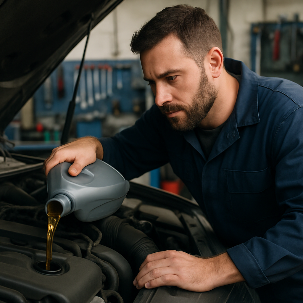 Ajout d'huile moteur par un garagiste professionnel en atelier