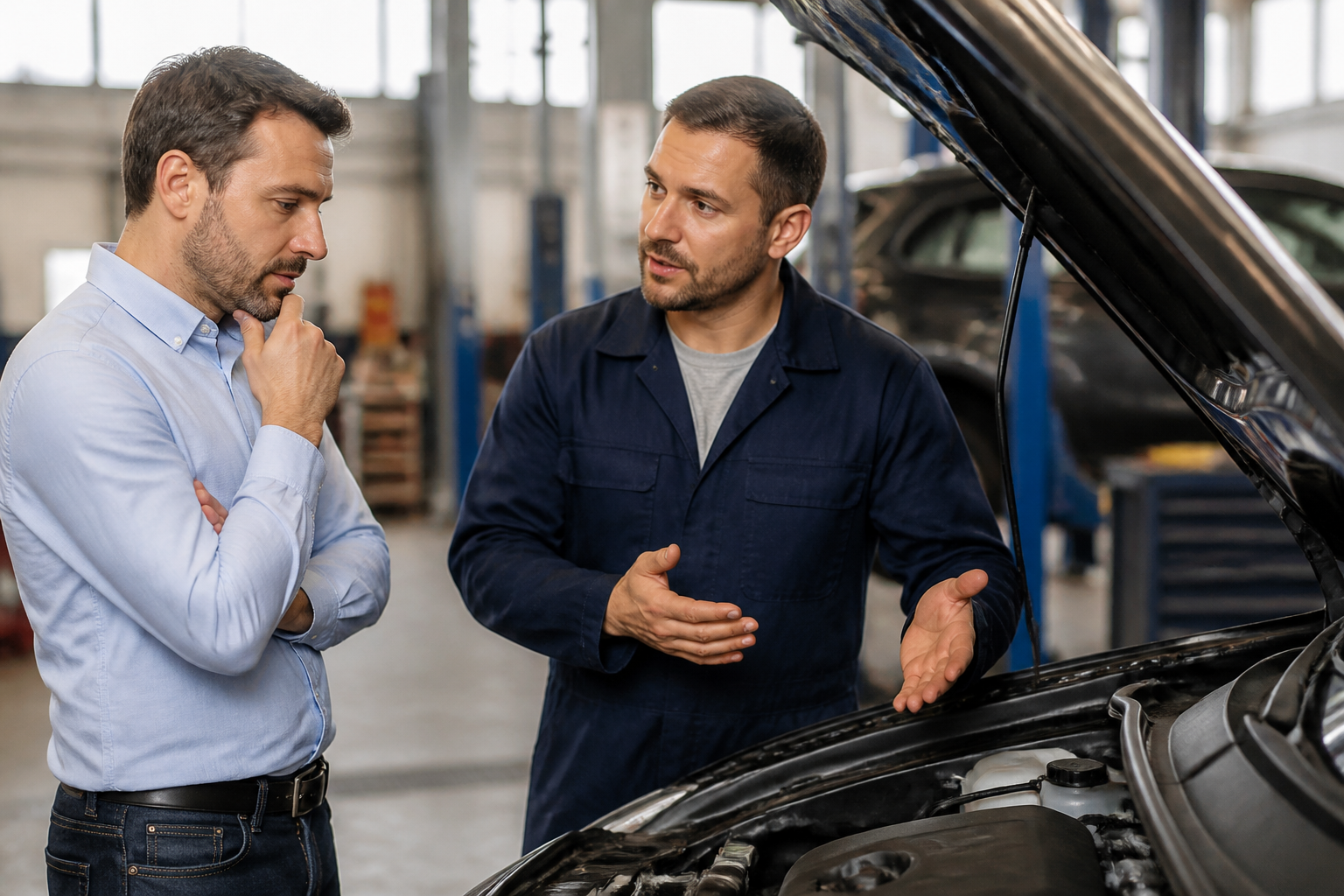 Client recevant des conseils du garagiste avant un contrôle technique