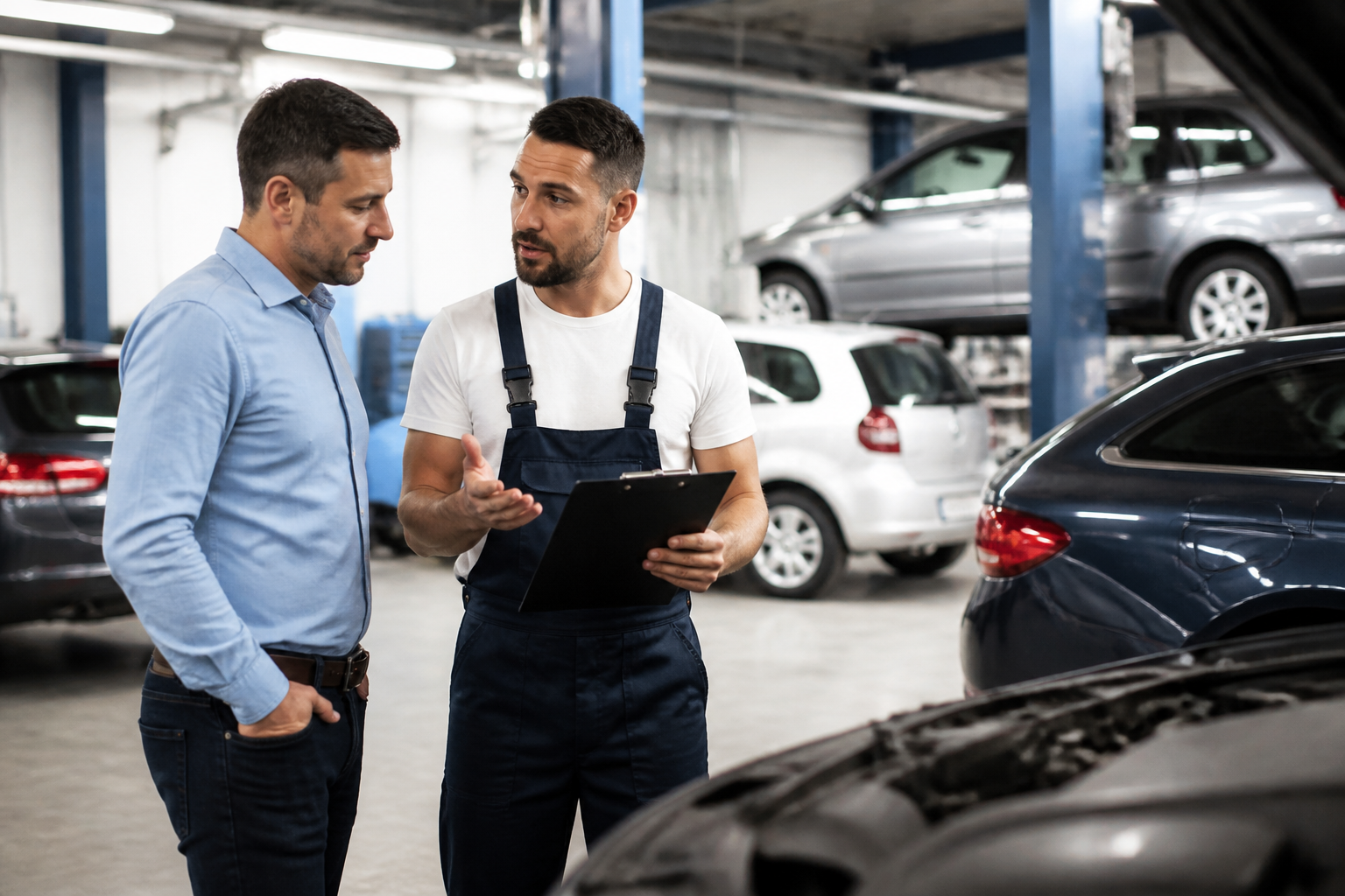 Client échangeant avec le garagiste avant une vidange dans un garage automobile