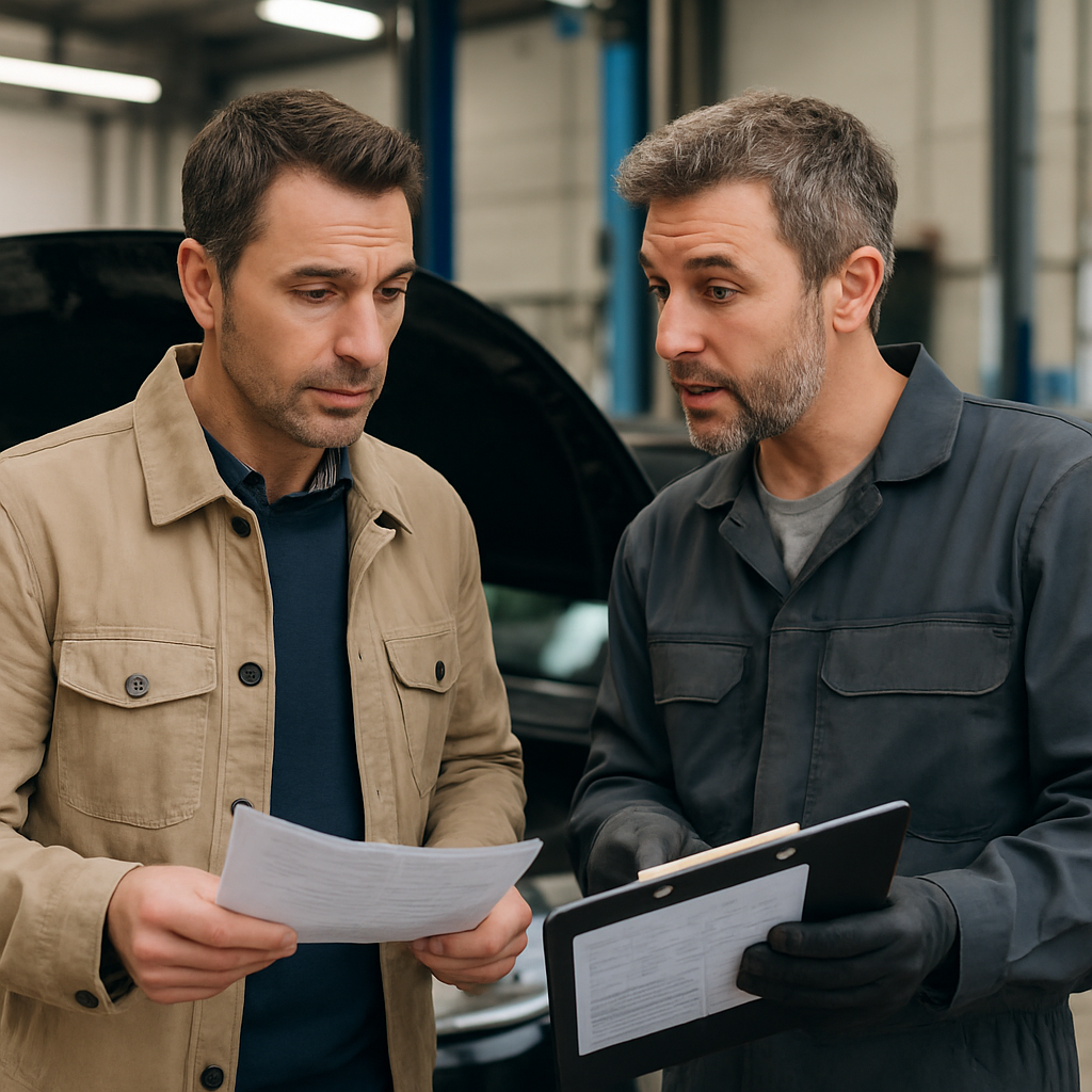 Client et garagiste discutant du rapport de contrôle technique