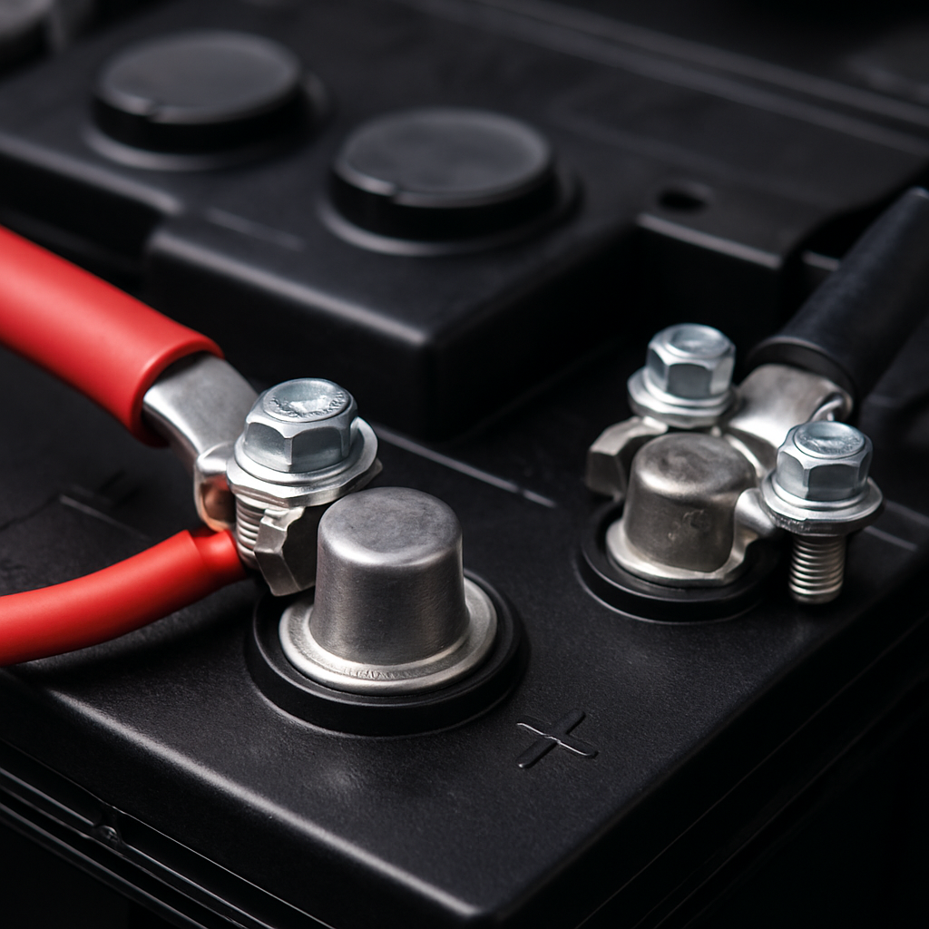 Gros plan sur les bornes d'une batterie de voiture propres sans corrosion