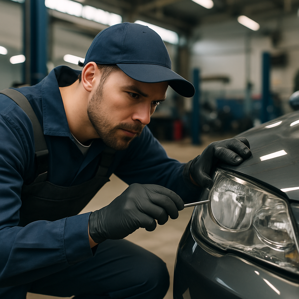 Garagiste réparant un phare de voiture