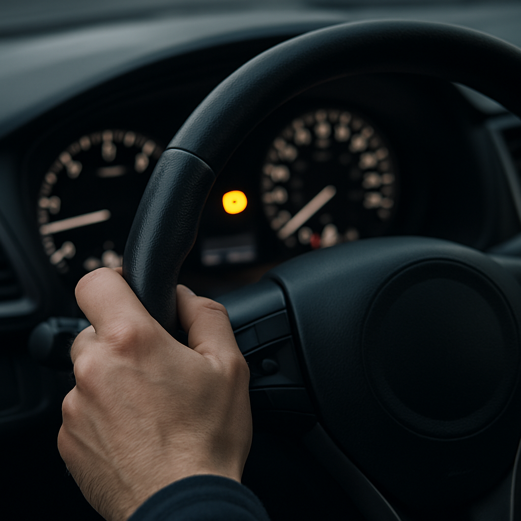 Main du conducteur sur le volant avec un voyant orange allumé sur le tableau de bord
