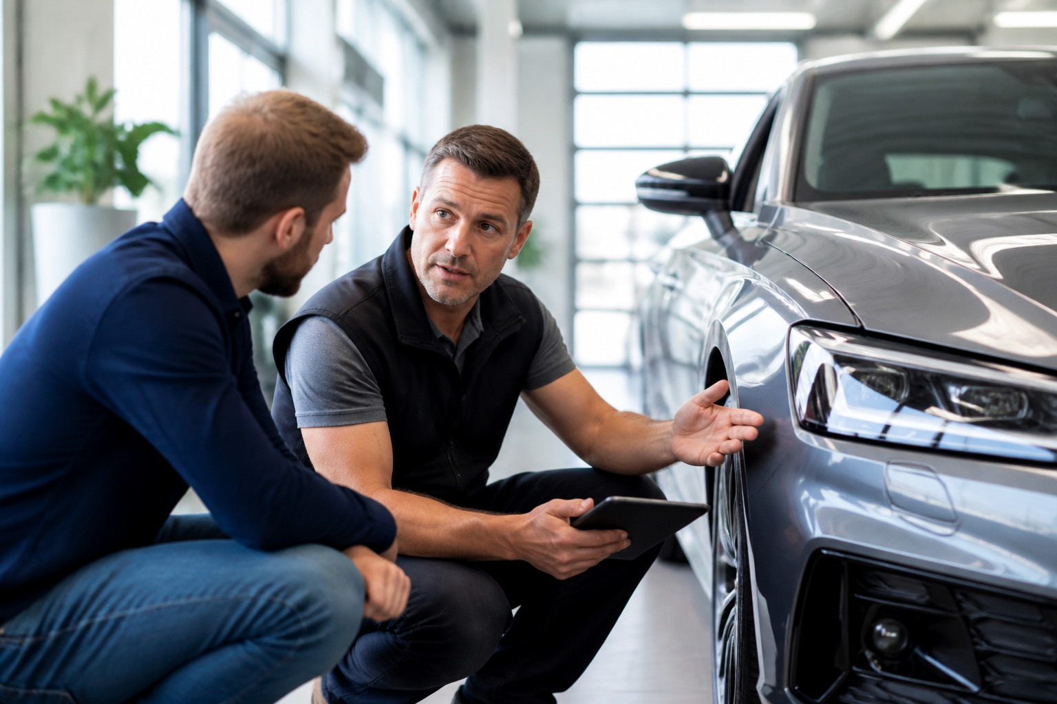 Garagiste expliquant le contrôle technique à un client dans un garage