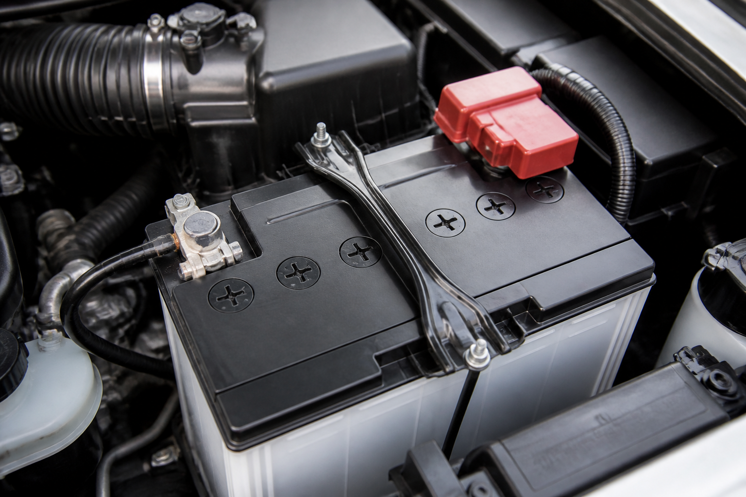 Gros plan sur une batterie de voiture sous le capot avec bornes et câbles visibles