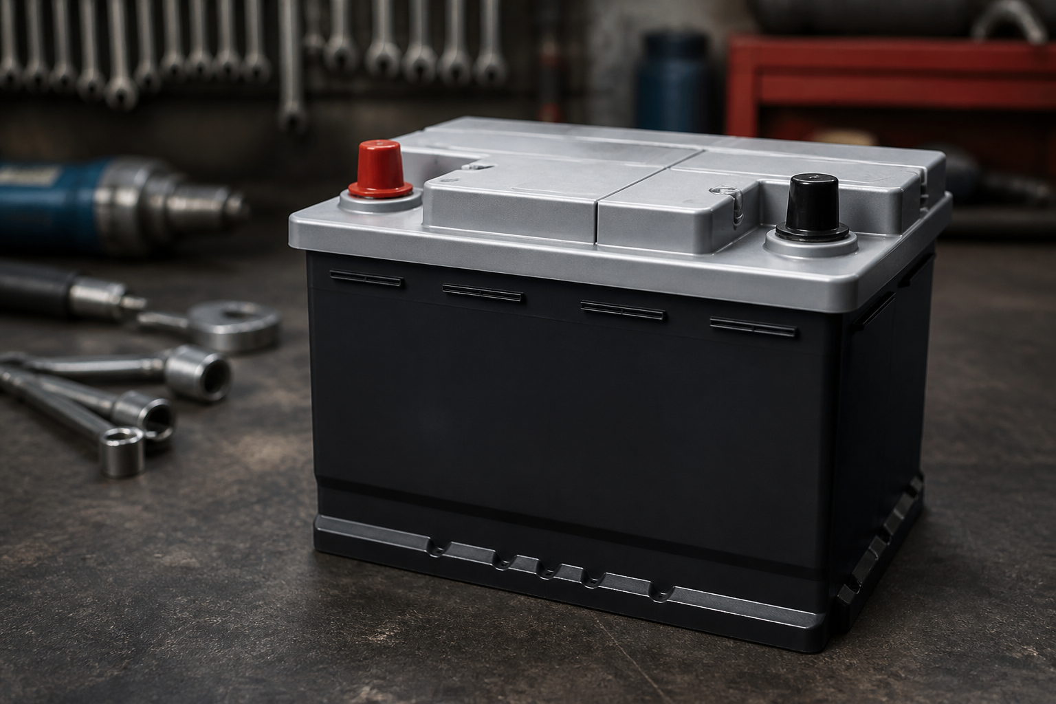 Batterie de voiture neuve posée sur un établi de garage