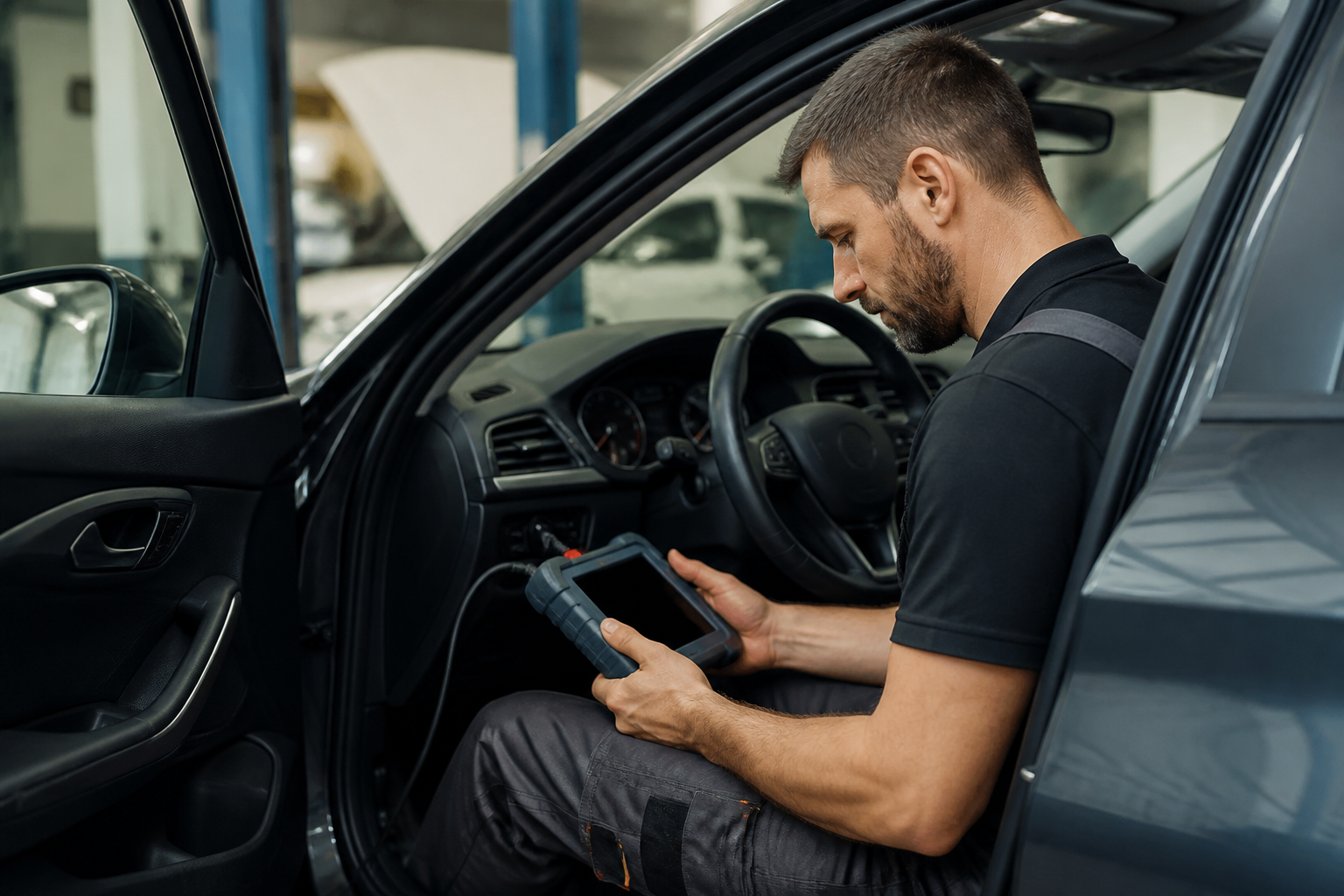 Mécanicien utilisant un outil de diagnostic électronique pour voiture dans un garage