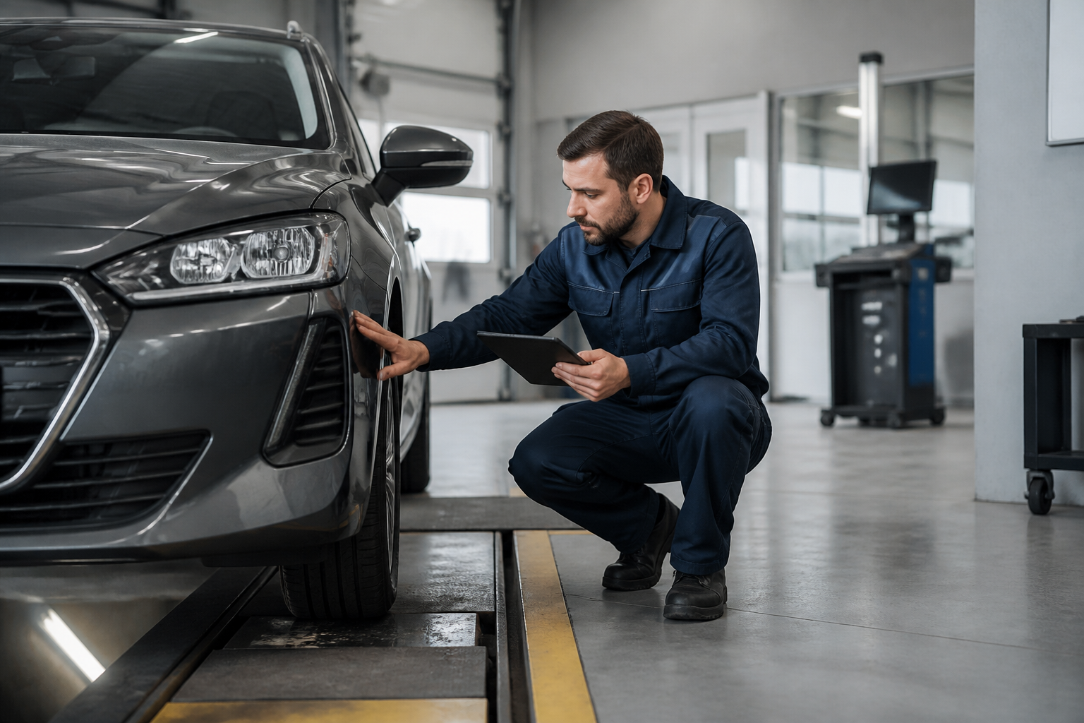 Voiture en contrôle technique avec garagiste