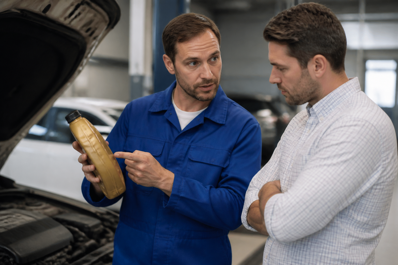 Garagiste expliquant la vidange à un client dans un garage