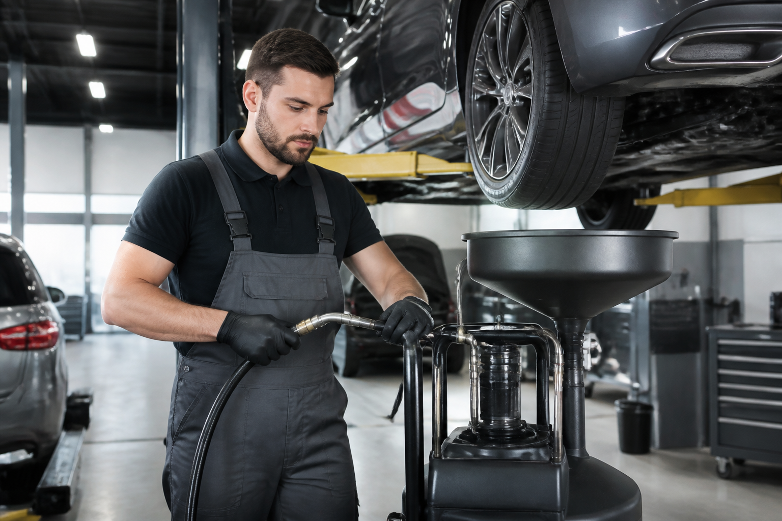 Garagiste effectuant une vidange de boîte automatique dans un garage