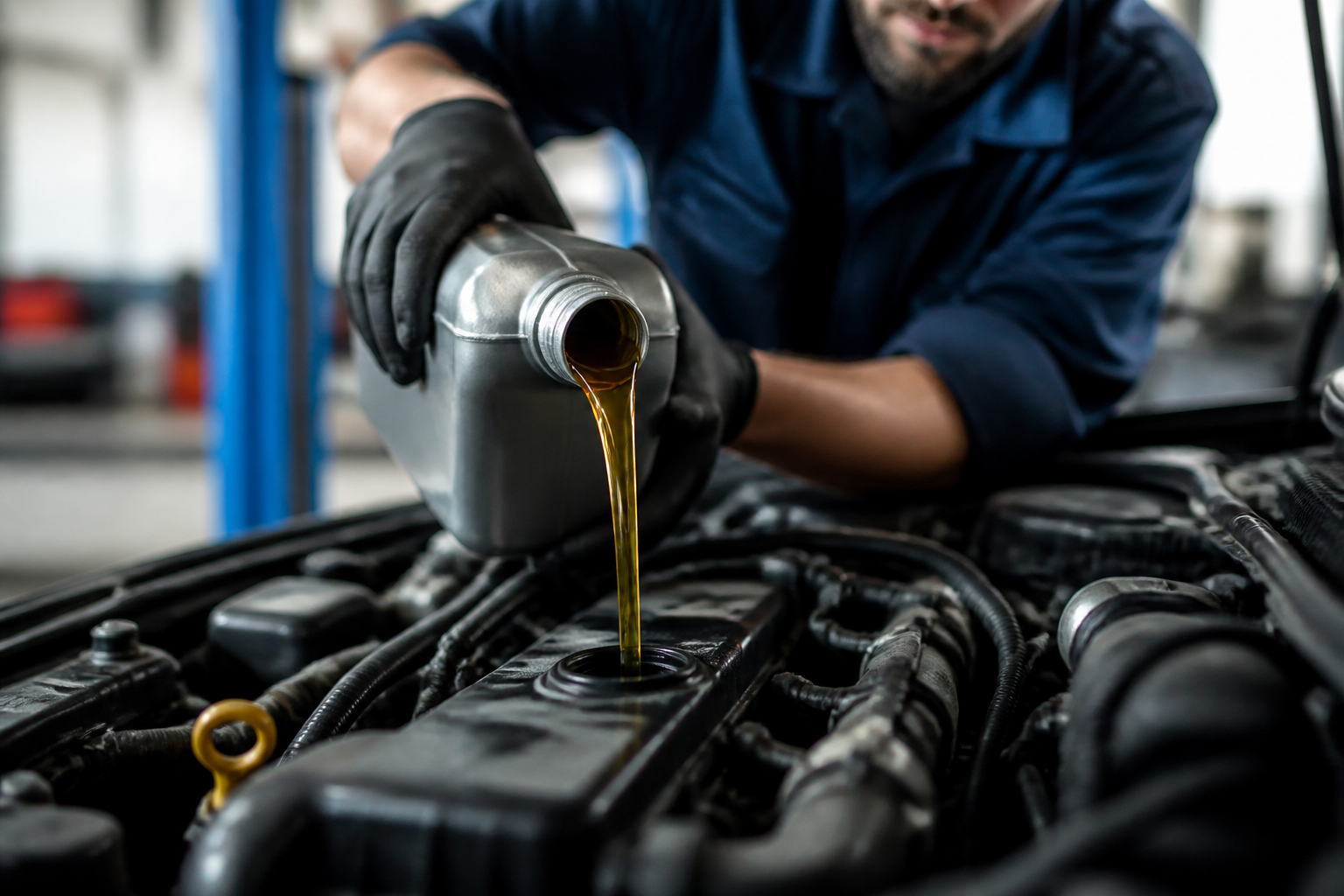 Garagiste versant de l'huile moteur dans un moteur lors d'une vidange