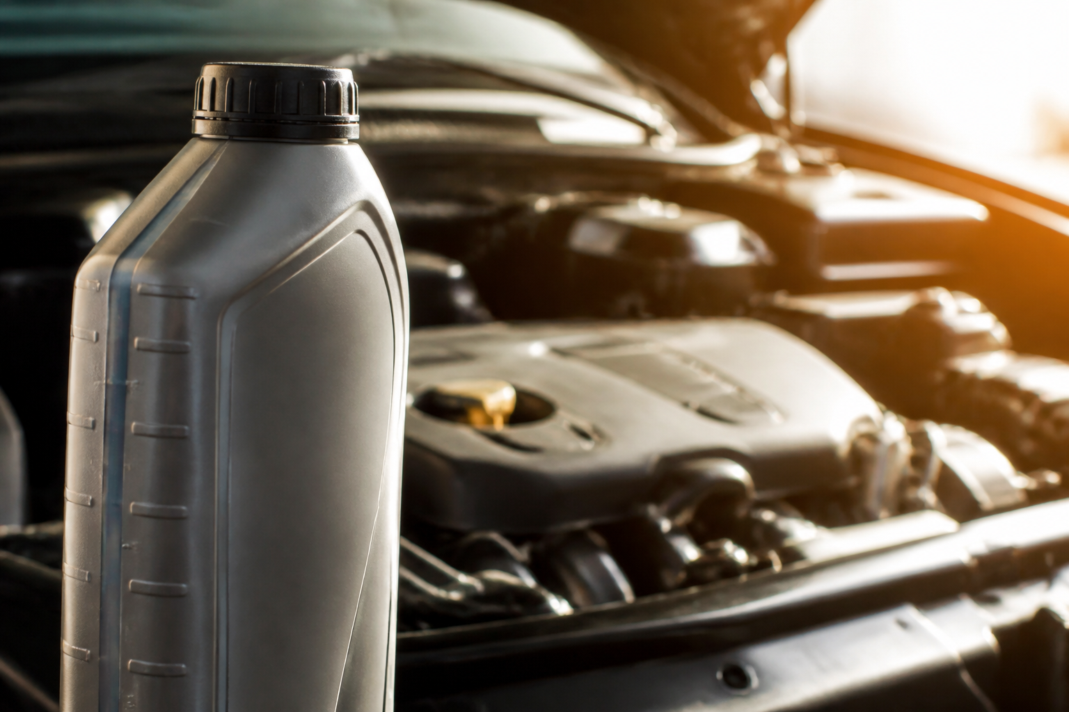 Bidon d'huile moteur avec étiquettes de viscosité devant un moteur de voiture