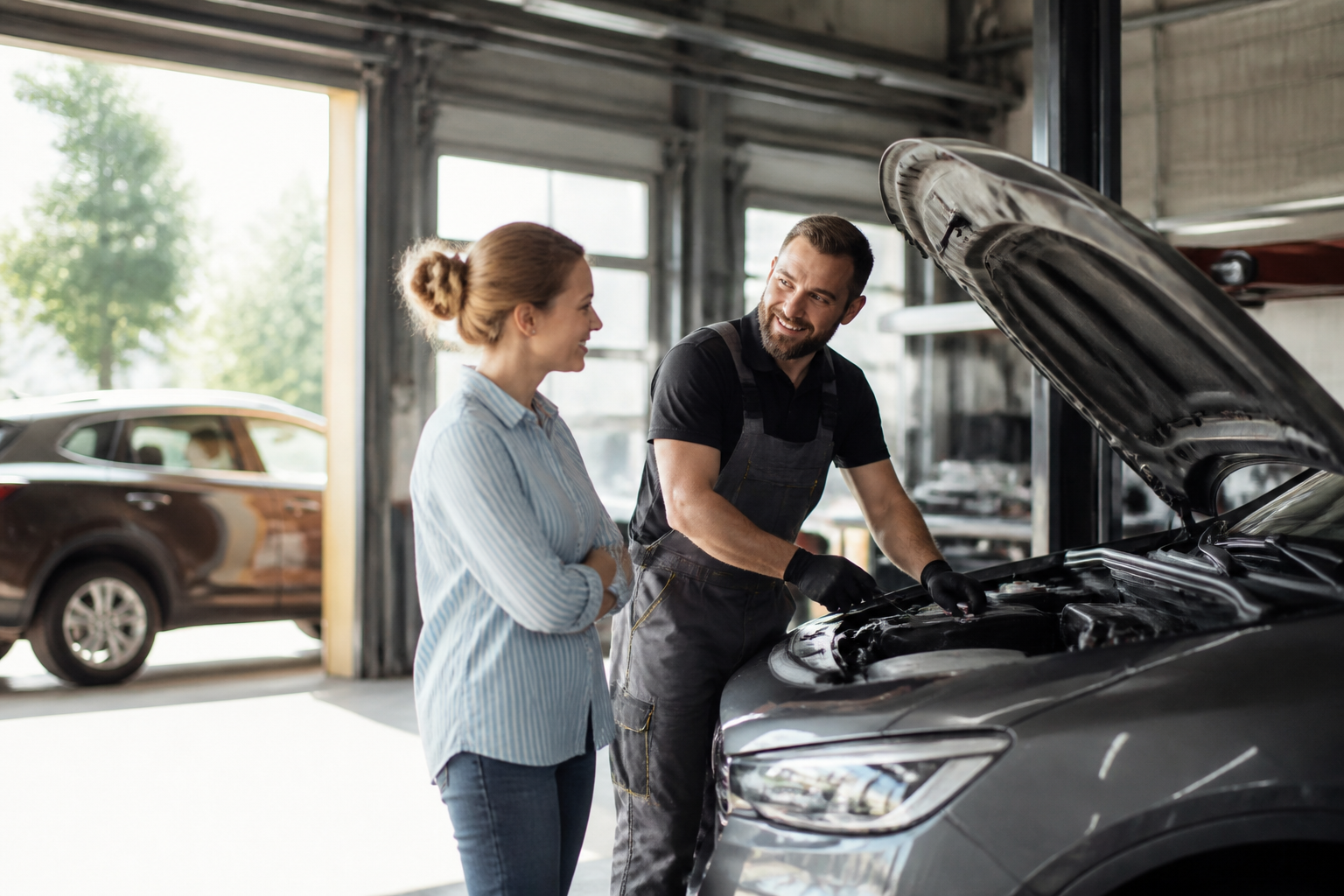 Garage automobile ouvert le dimanche avec une voiture en réparation