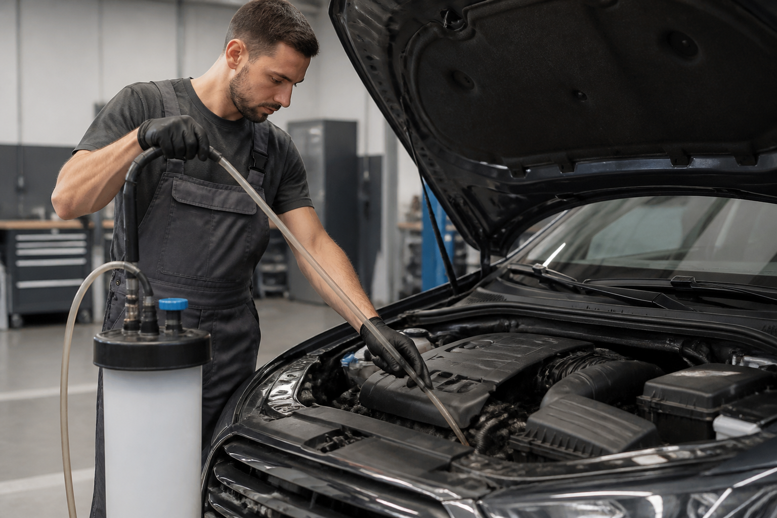 Garagiste effectuant une vidange par aspiration dans un garage