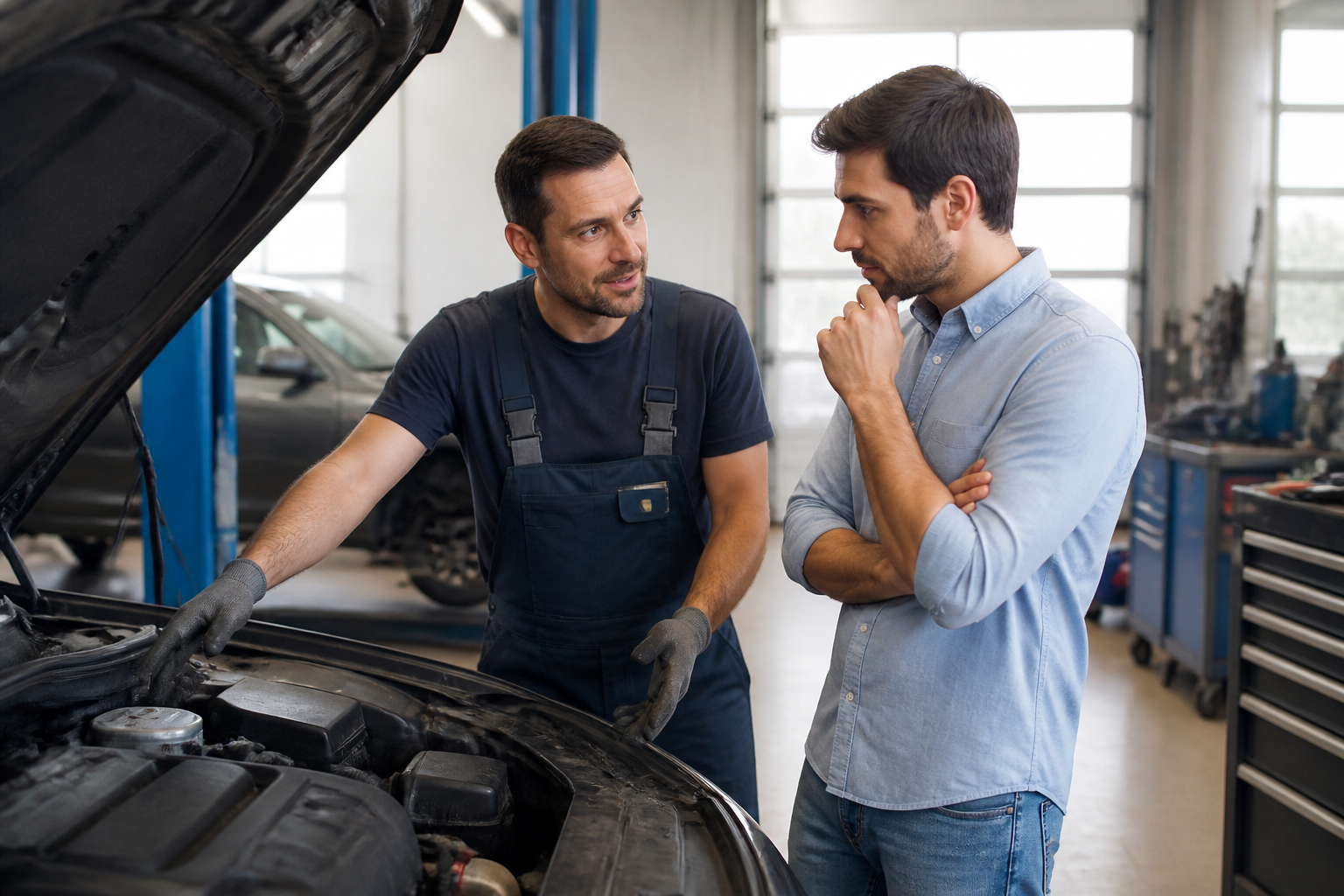 Garagiste expliquant une réparation automobile à un client