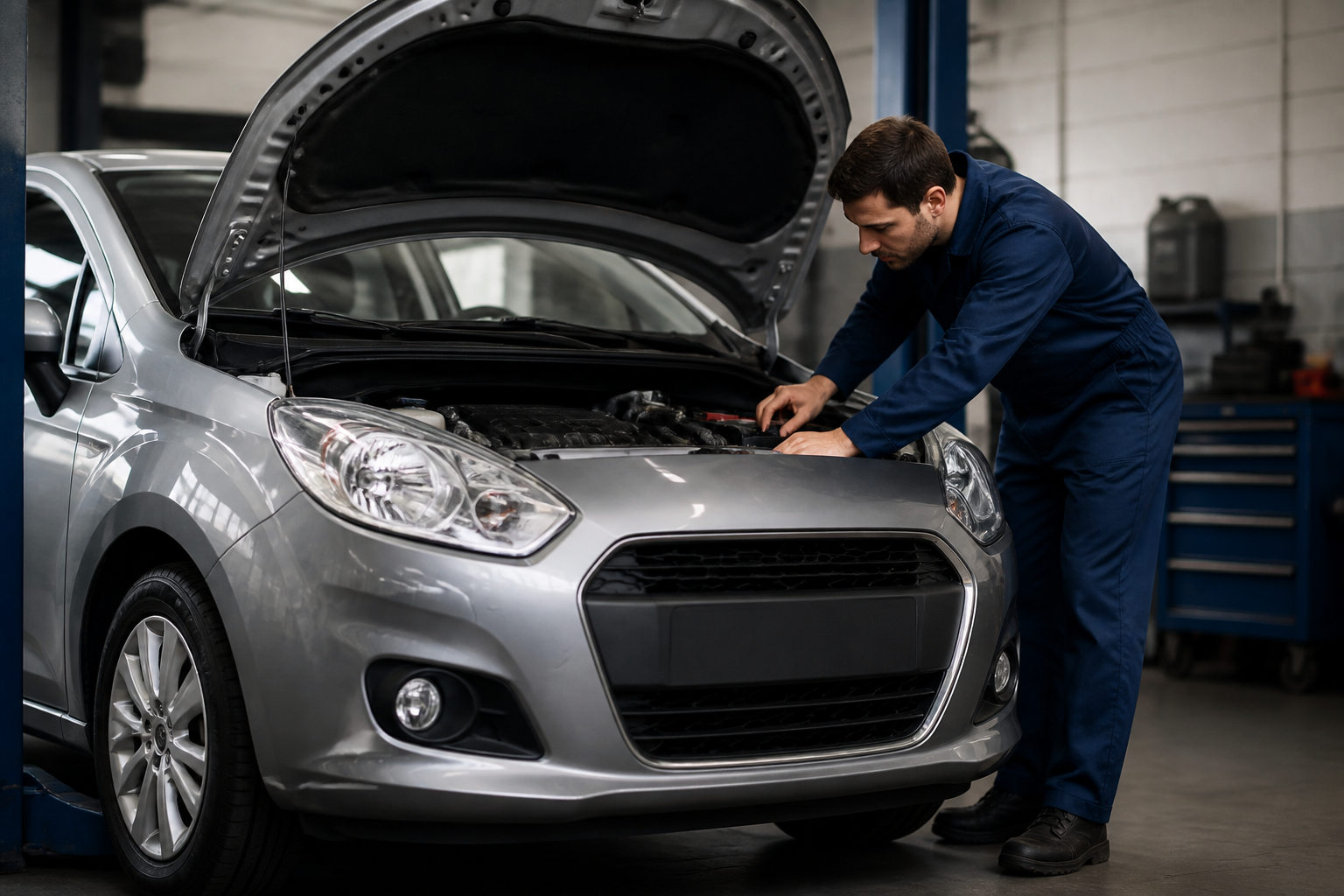 Un garagiste inspectant une voiture sans permis dans son atelier