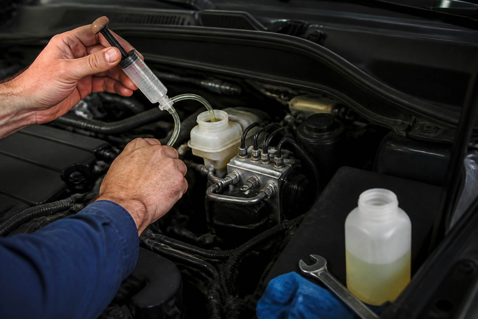 Mains d’un garagiste effectuant la purge du liquide de frein sur un véhicule avec ABS