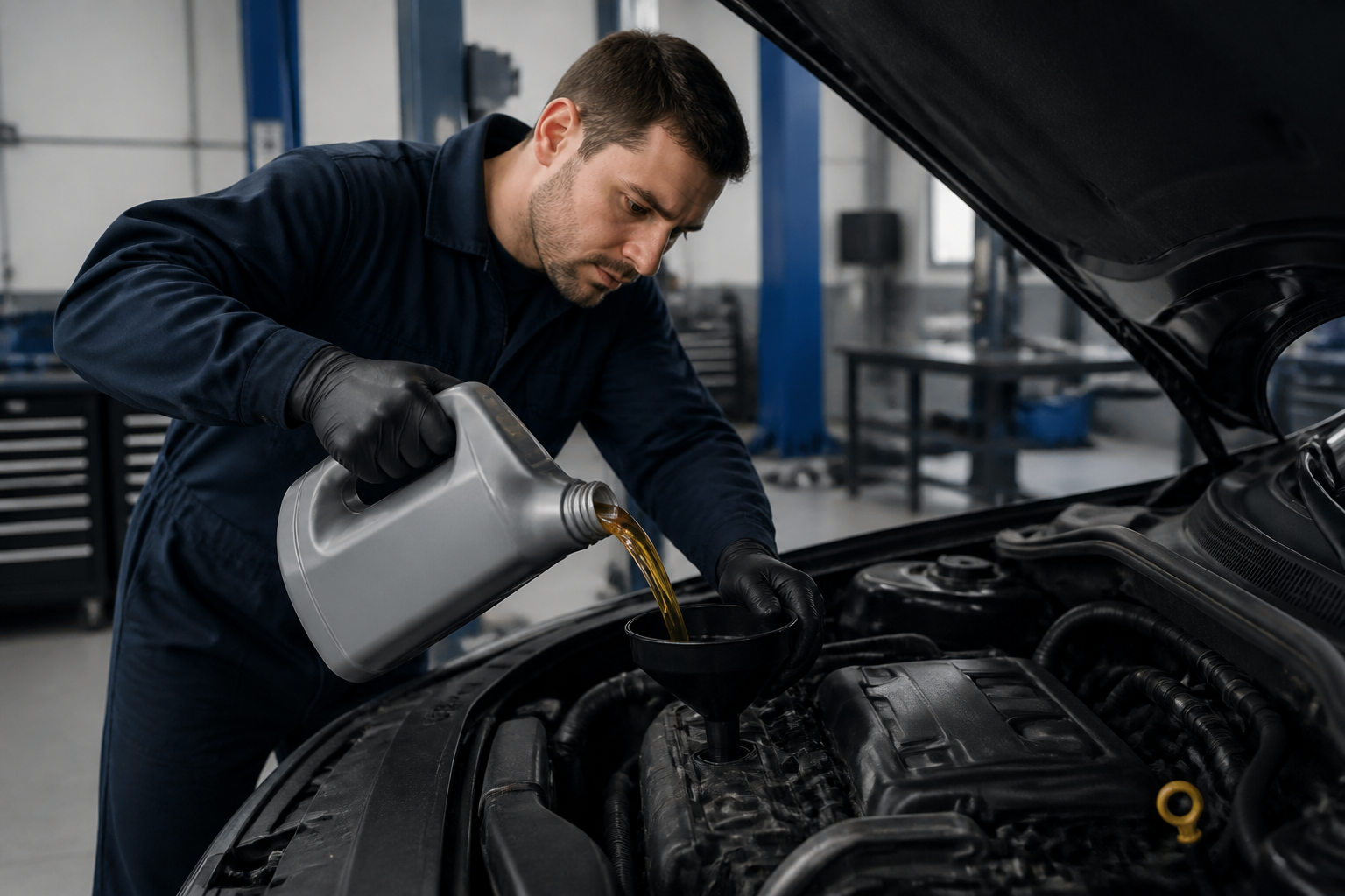 Garagiste en train de faire une vidange diesel dans un atelier propre