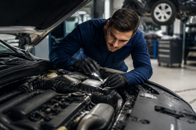 Mécanicien en train d'inspecter une voiture lors d'une révision en garage professionnel