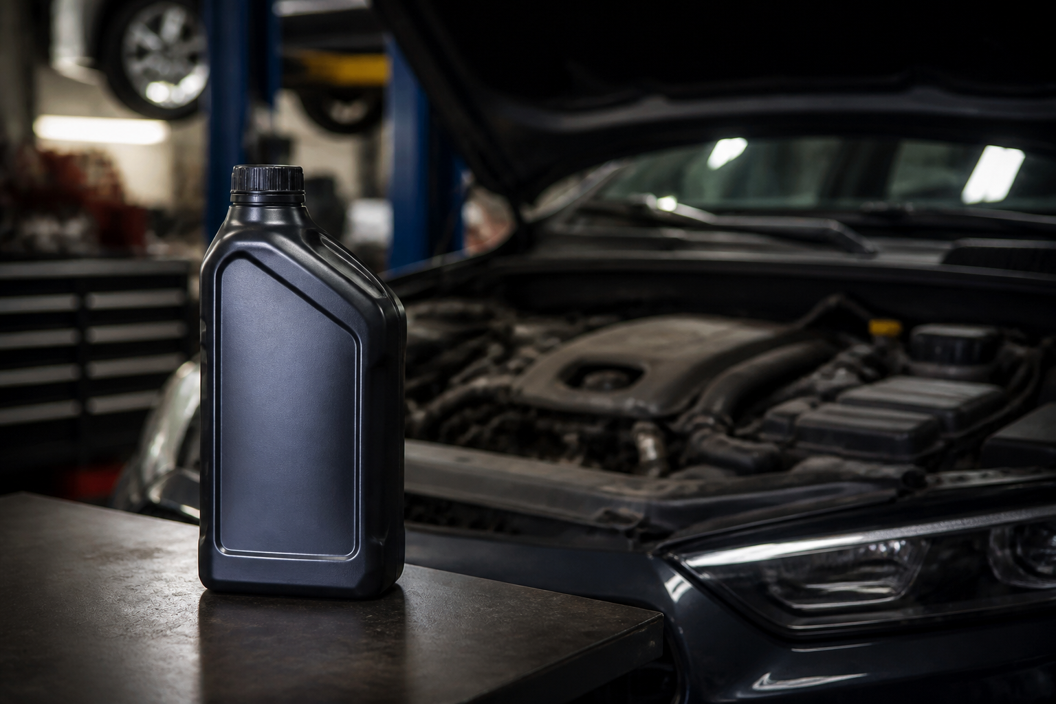 Bouteille d'huile moteur 5W40 dans un atelier automobile