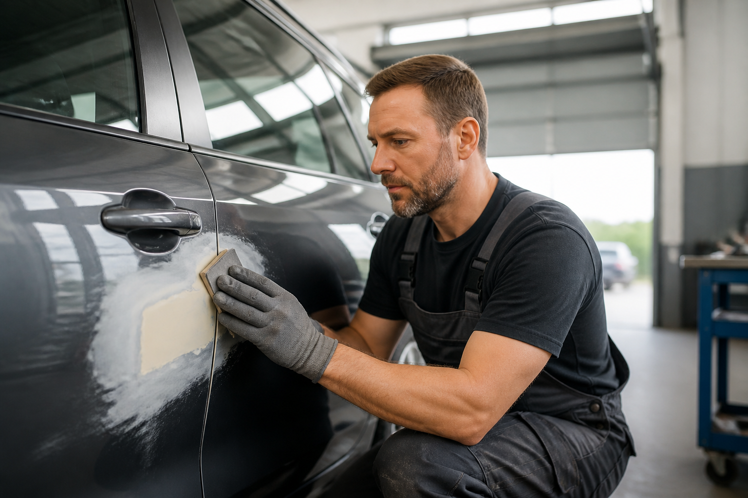 Carrossier professionnel réparant une portière de voiture