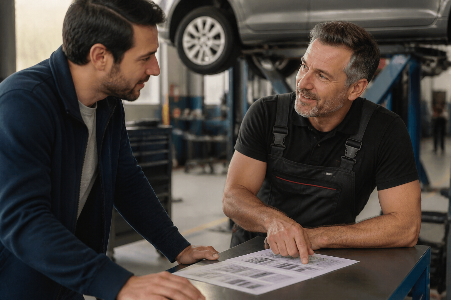 Garagiste conseillant un automobiliste sur le prix du contrôle technique