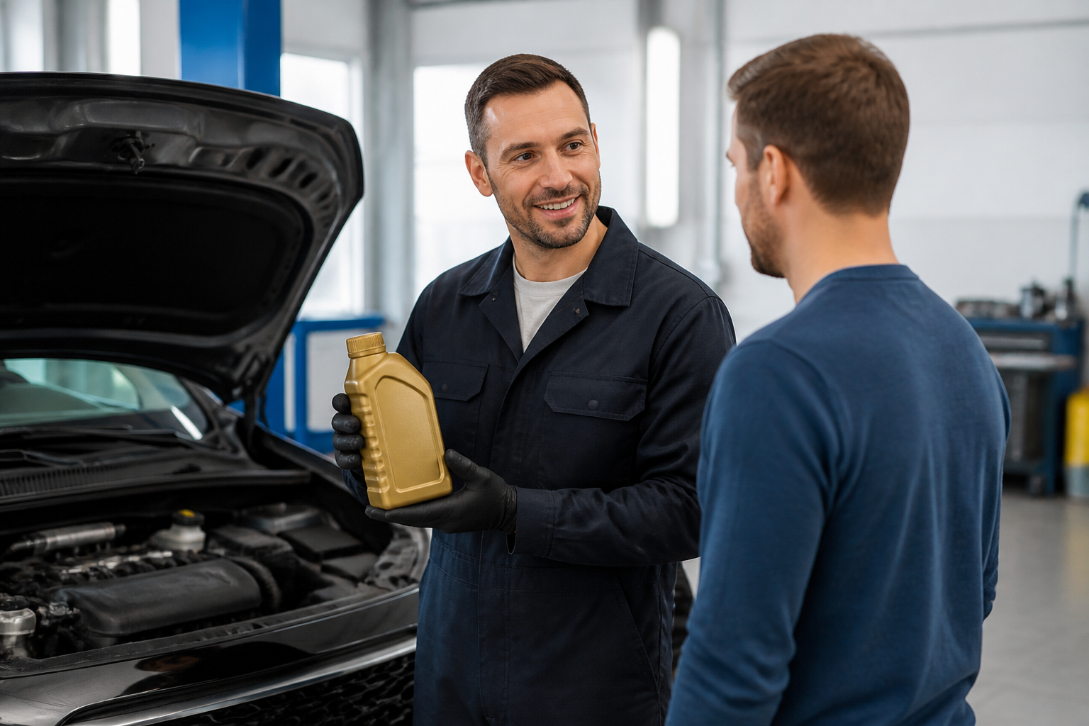 Garagiste expliquant l'importance de la vidange sur une voiture essence