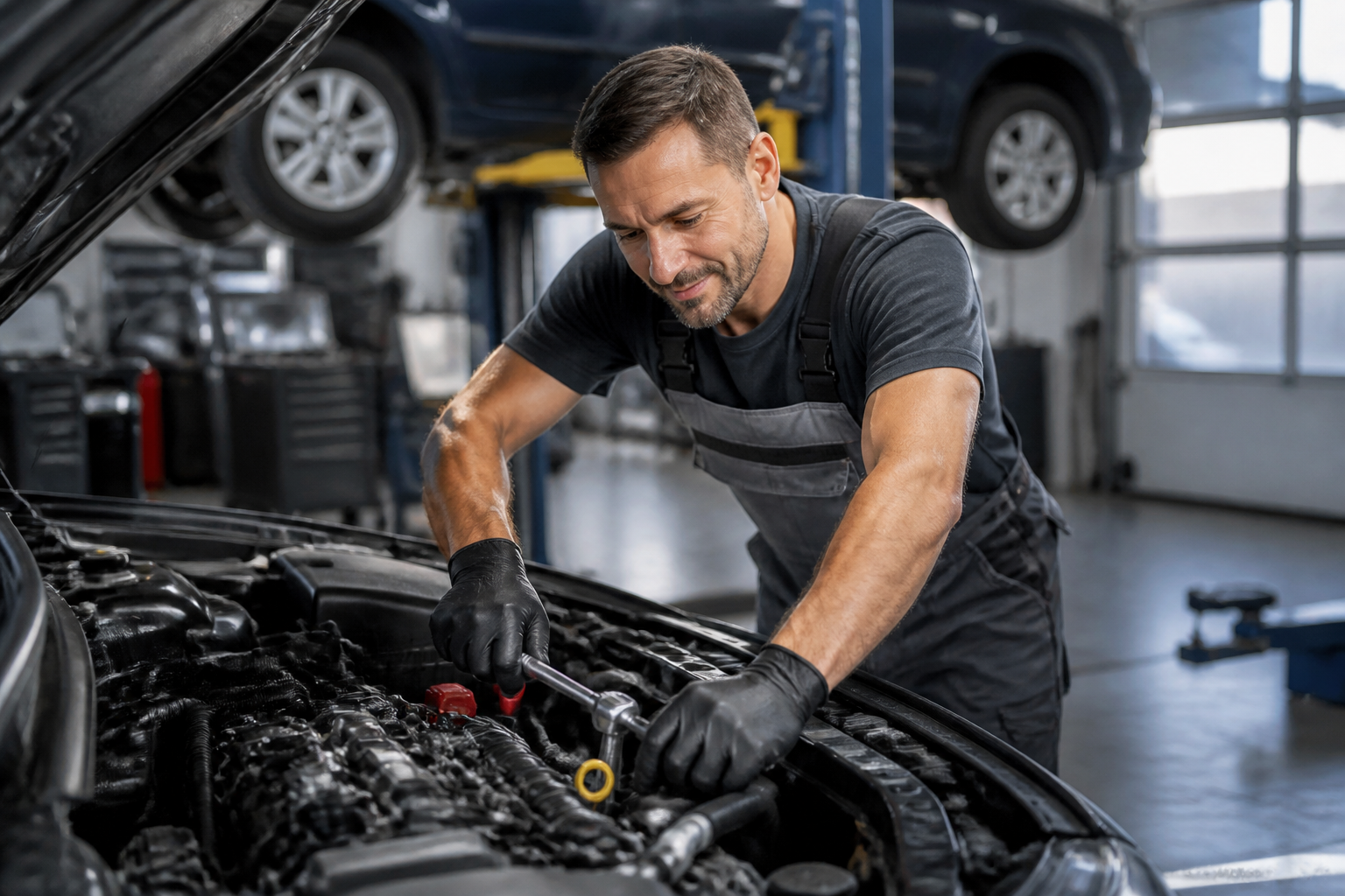 Garagiste professionnel réparant un moteur dans un garage moderne