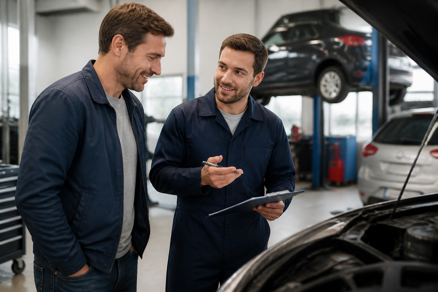 Garagiste pédagogue expliquant l'entretien auto à un client dans un atelier