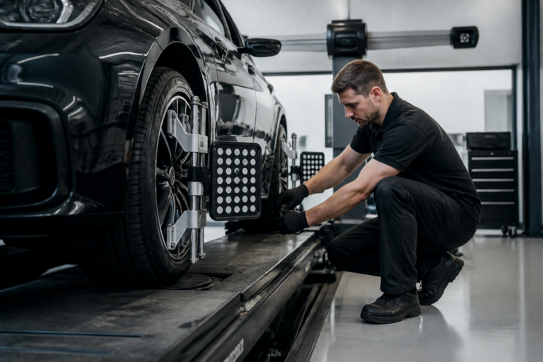 Technicien effectuant un réglage du parallélisme avec machine spécialisée en garage automobile