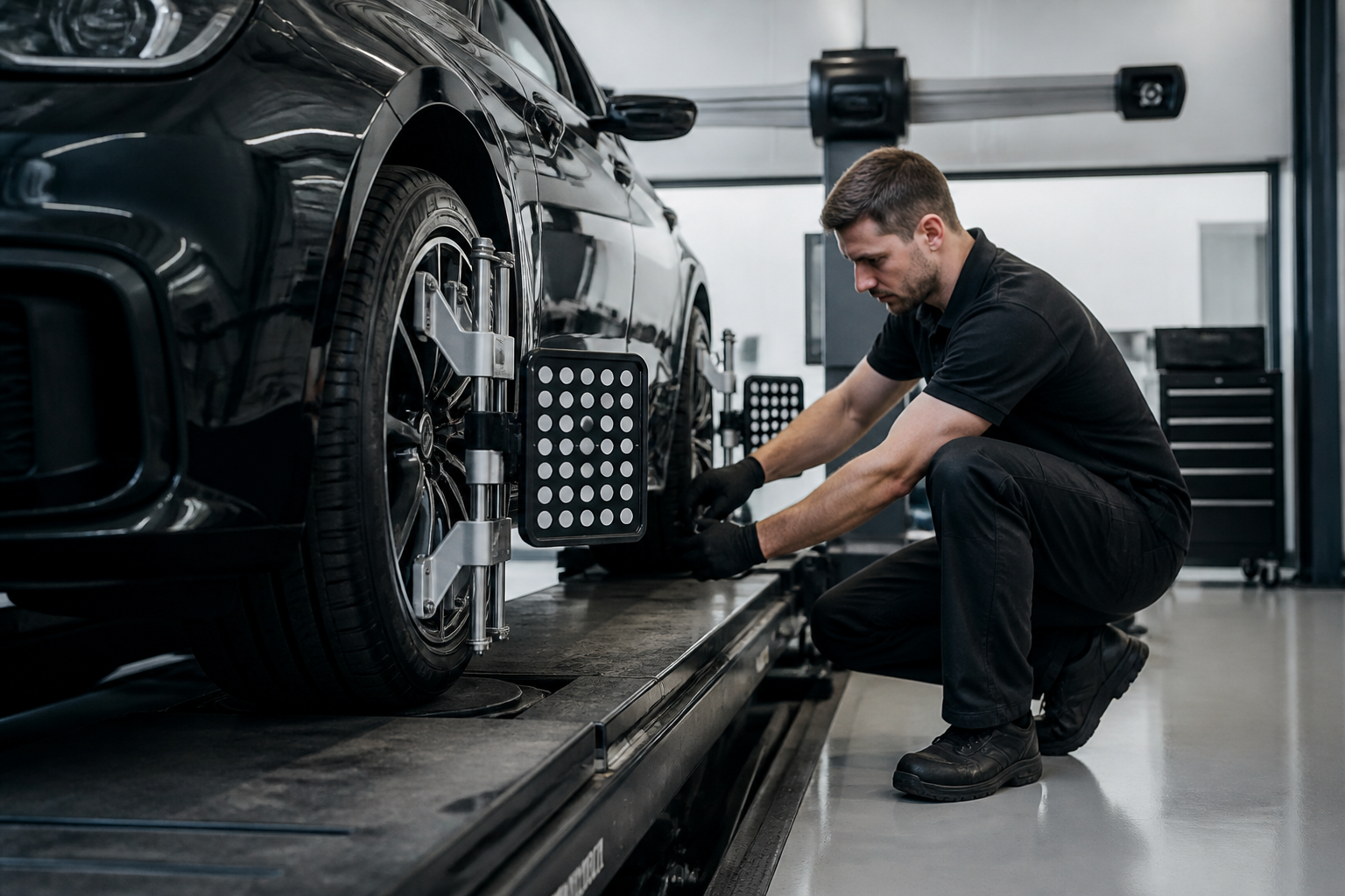 Technicien effectuant un réglage du parallélisme avec machine spécialisée en garage automobile