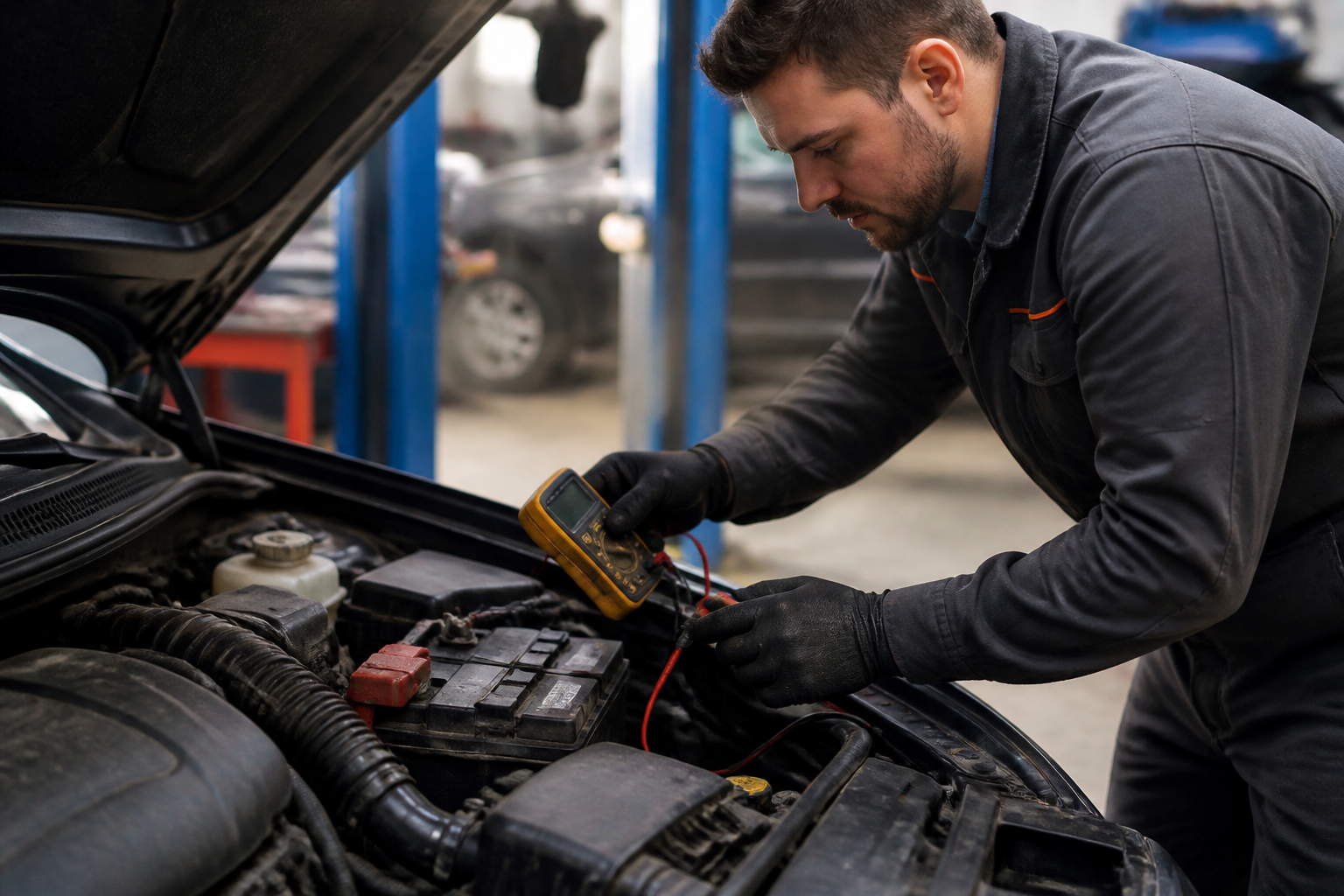Garagiste vérifiant une batterie de voiture avec un multimètre dans un garage