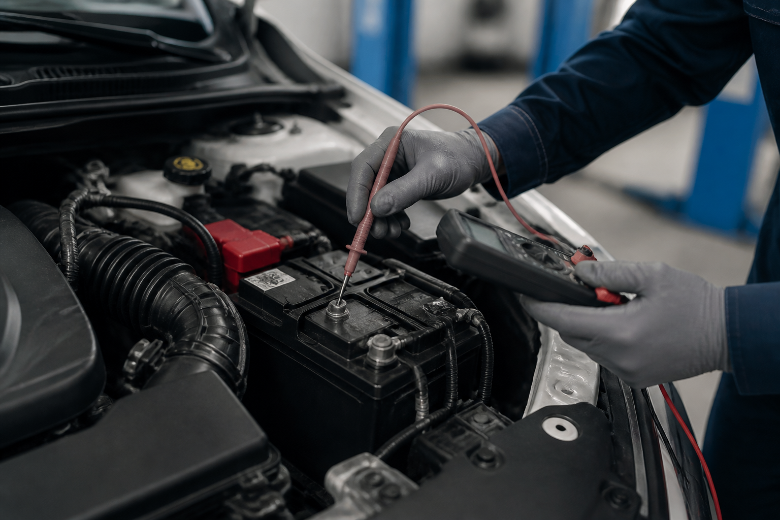 Garagiste testant une batterie de voiture avec un multimètre