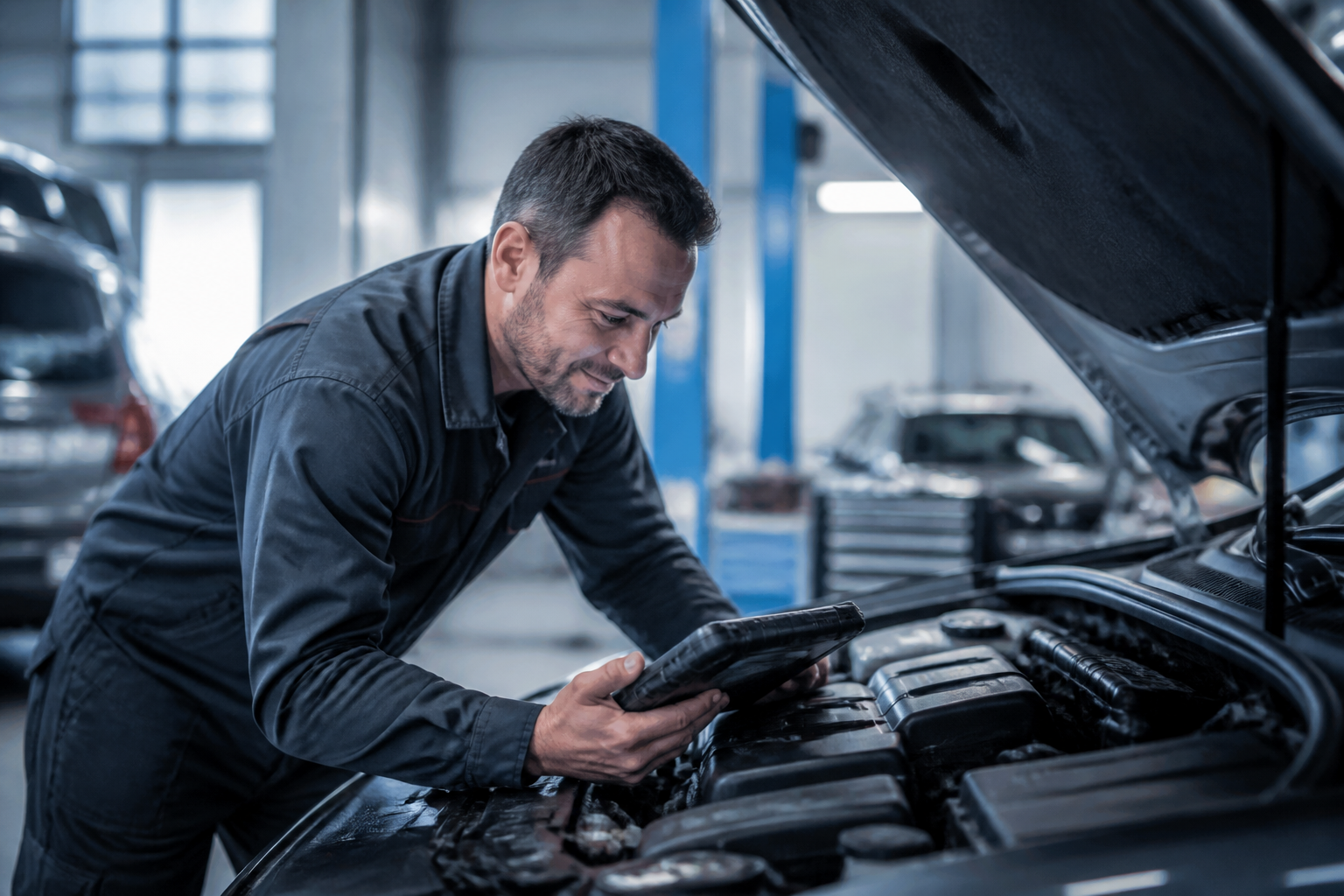 Garagiste réalisant un diagnostic électronique sur une voiture