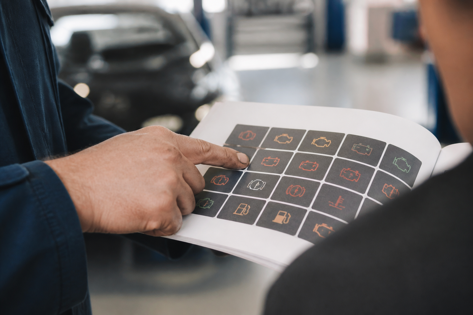 Garagiste expliquant les voyants voiture