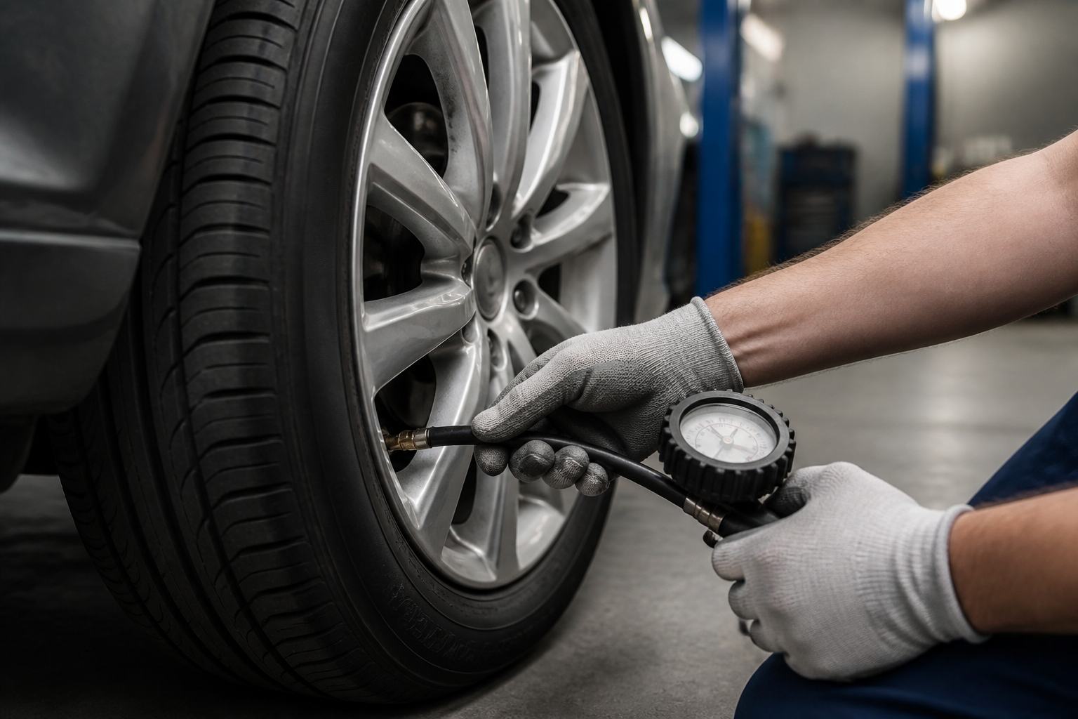 Pneu voiture contrôlé avec un manomètre dans un garage