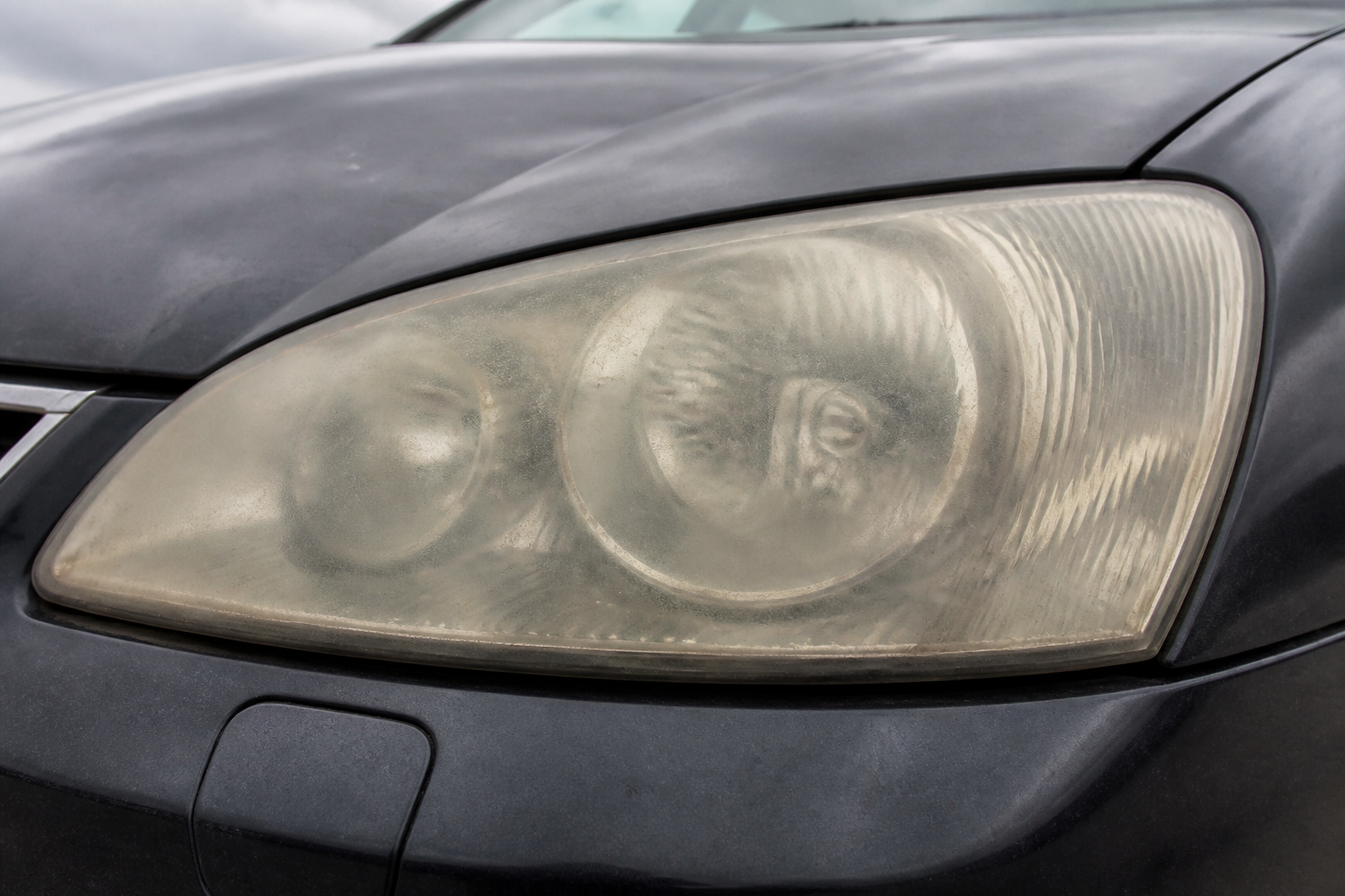 Phare de voiture terne et jaunâtre, montrant des signes d'usure