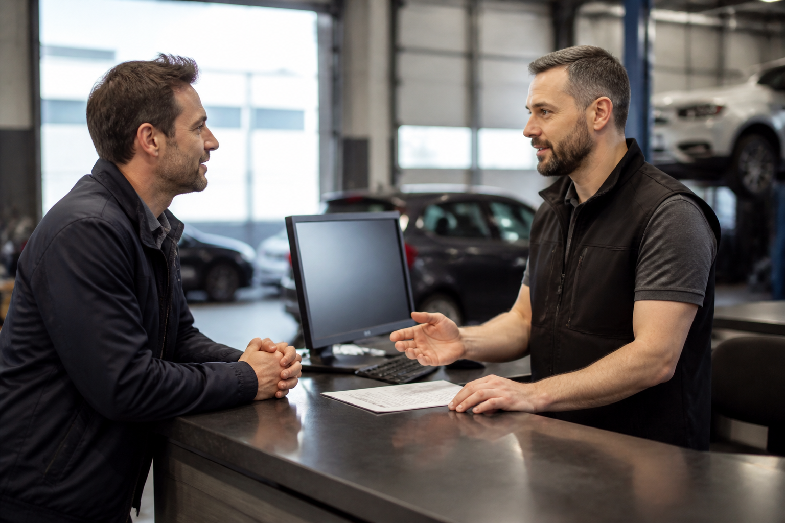 Discussion entre client et garagiste avec un devis à l'écran