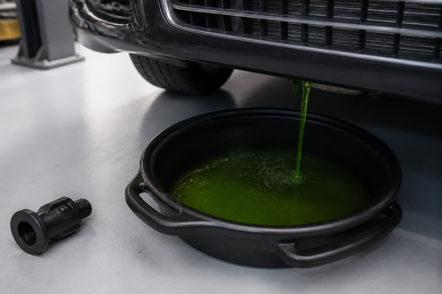 Vidange du liquide de refroidissement avec récipient de récupération sous le radiateur d'une voiture dans un garage