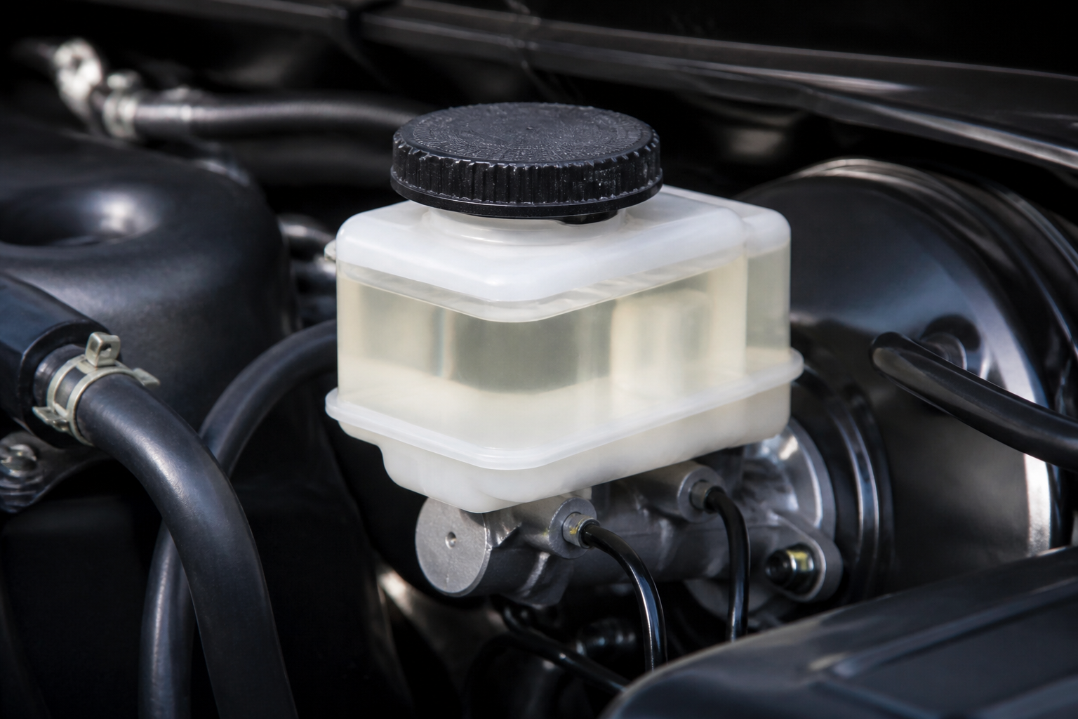 Bocal de liquide de frein avec liquide transparent dans un moteur propre