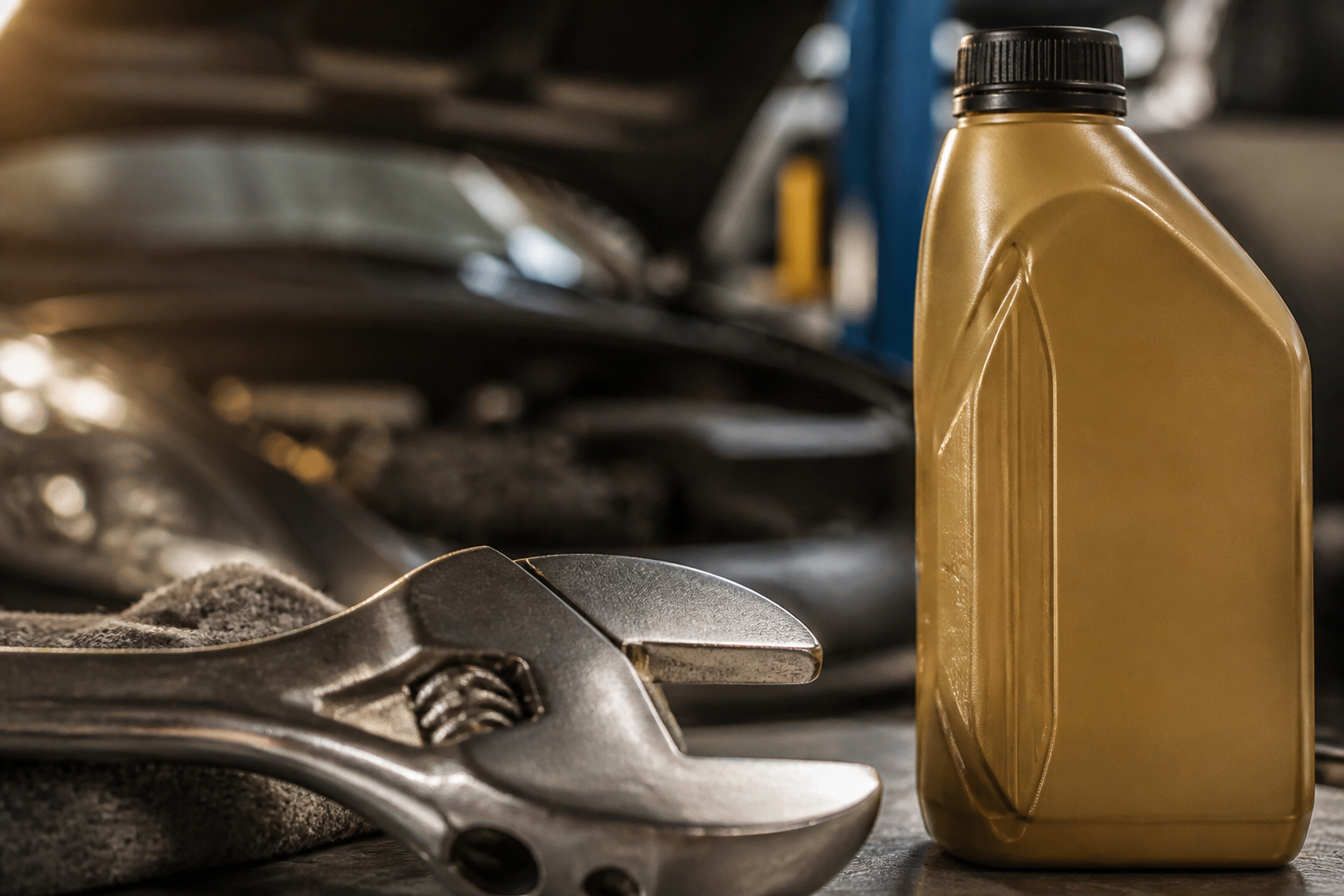 Clé à molette et bouteille d'huile moteur adaptée pour vidange Clio 3